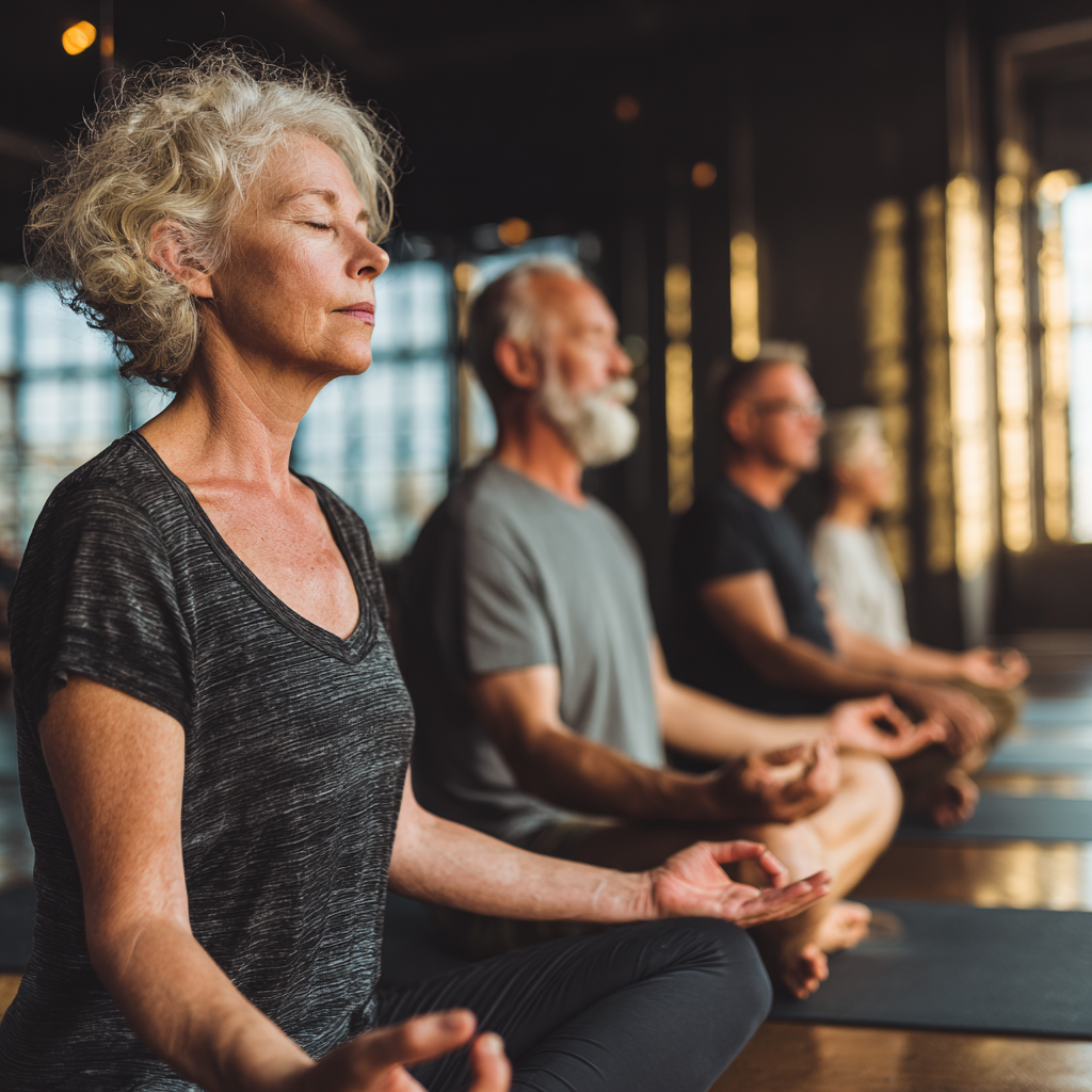 Middle-aged adults practicing gentle yoga meditation in natural light