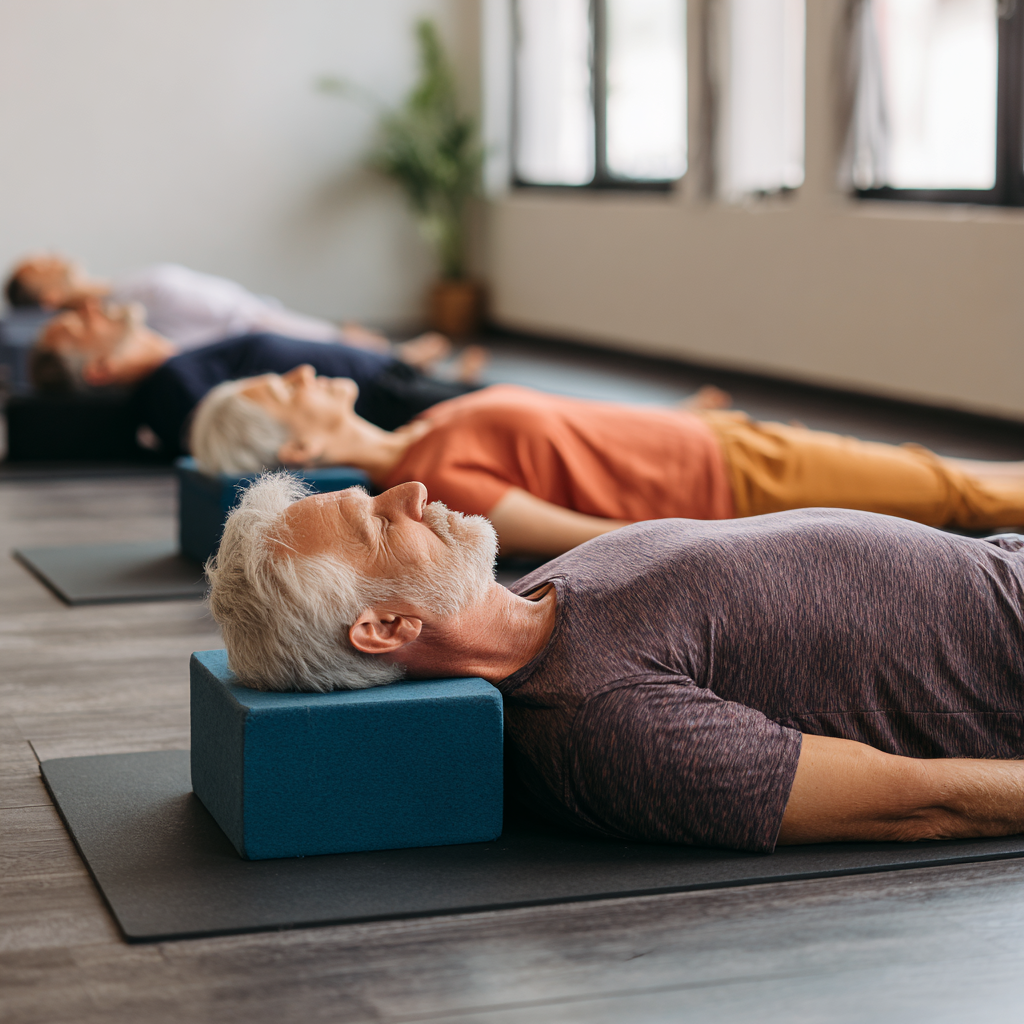 Older adults practicing restorative yoga poses with props in a peaceful studio setting